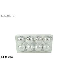 PALLE 8CM 8PZ EFFETTO GHIACCIO SILVER PVC BOX 2A8E