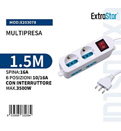 Multipresa 6 Posizioni 10/16A con Interruttore Spian 16A - 1,5mExtrastar
