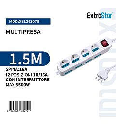 Multipresa 12 Posizioni con Interruttore Spian 16A - 1,5mExtrastar