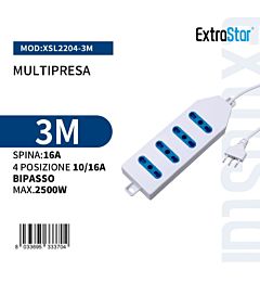 Multipresa 4 Posizioni 10/16A Bipasso Spina 16A - 3mExtrastar