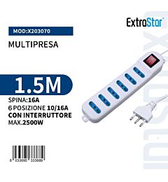 Multipresa 6 Posizioni  10/16A con Interruttore Spian 16A - 1,5mExtrastar