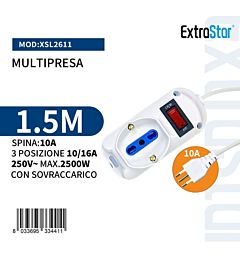 Multipresa 3 Posizioni 10/16A + Schuko Spina 10A con Sovraccarico - 1,5mExtrastar