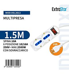 Multipresa 6 Posizioni 10/16A + Schuko Spina 10A con Sovraccarico - 1,5mExtrastar