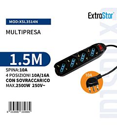 Multipresa 4 Posizioni 10/16A Spina 10A con Sovraccarico - 1,5m neroExtrastar
