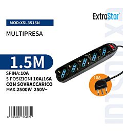 Multipresa 5 Posizioni 10/16A Spina 10A con Sovraccarico - 1,5m neroExtrastar