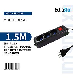 Multipresa 3 Posizioni 10/16A con Interruttore Spina 16A -1.5m NeroExtrastar