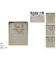 BUSTA REGALO BIANCA CON SCRITTA NATALIZIA ORO 18X14X7CM 3ASS