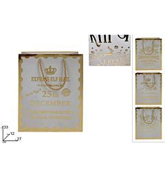 BUSTA REGALO BIANCA CON SCRITTA NATALIZIA ORO 33X27X12CM 3AS