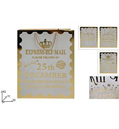 BUSTA REGALO BIANCA CON SCRITTA NATALIZIA ORO 42X33X11CM 3AS