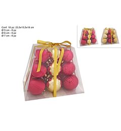 PALLE 18PZ 5/6/7CM ROSSE/ORO 2ASS IN BOX PIRAMIDE PVC JNP250