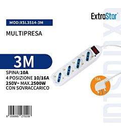 Multipresa 4 Posizioni 10/16A Spina 10A con Sovraccarico - 3mExtrastar