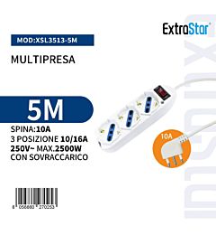 Multipresa 3 Posizioni 10/16A Spina 10A con Sovraccarico - 5mExtrastar