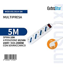 Multipresa 4 Posizioni 10/16A Spina 10A con Sovraccarico - 5mExtrastar
