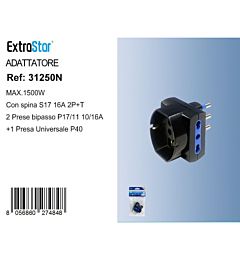Adattatore Spina 16A 2P+T - 2 Prese Bipasso + 1 Presa Universale 10/16A - NeroExtrastar