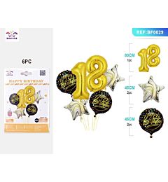 SET PALLONCINI MYLAR - HAPPY BIRTHDAY 18 ORO - 6PZ