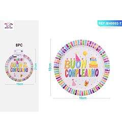 PIATTI MULTICOLOR - BUON COMPLEANNO 18CM - 8PZ