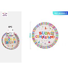 PIATTO MULTICOLOR - BUON COMPLEANNO 23CM - 6PZ