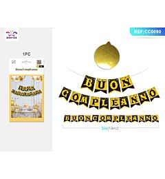 FESTONE BUON COMPLEANNO A BANDIERINE - NERO ORO - 3MParty Go