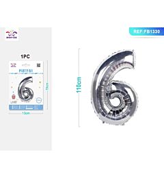 PALLONCINO MYLAR 110CM - NUMERO 6 ARGENTO - 1PZ