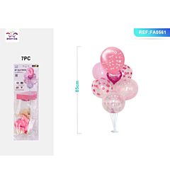 SET PALLONCINI CON BASE 85CM - CUORE ROSA - 7PZ