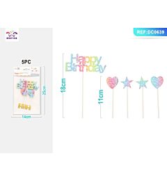 TOPPER PER TORTA STELLE & CUORI - HAPPY BIRTHDAY - 5PZ