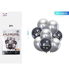 SET PALLONCINI BUON COMPLEANNO - NERO ARGENTO - 8PZParty Go