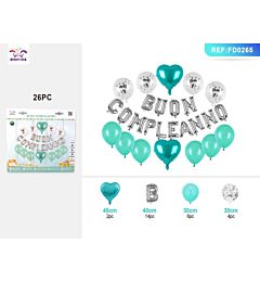 SET PALLONCINI BUON COMPLEANNO - ARGENTO & AZZURRO 26PZ