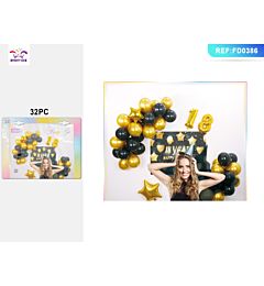 SET PALLONCINI - HAPPY BIRTHDAY 18 YEARS NERO & ORO - 32PZParty Go