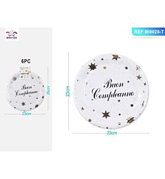 PIATTI CON STELLE - BUON COMPLEANNO BIANCO 23CM - 6PZ