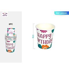 BICCHIERI MONOUSO CON FIORI - HAPPY BIRTHDAY - 6PZ