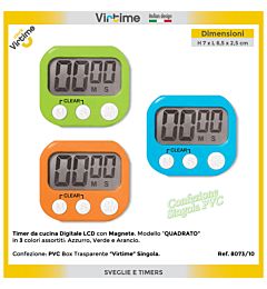 TIMER CUCINA LCD QUADRATO CON MAGNETE 3 COL, ASS,Virtime