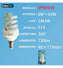 LAMPADINA LED SPIRALE E14 8W 720LM LUCE CALDAExtrastar
