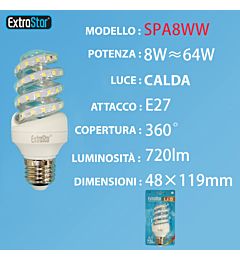 LAMPADINA LED SPIRALE E27 8W 720LM LUCE CALDAExtrastar