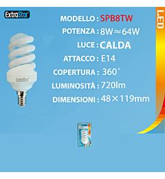 LAMPADINA LED SPIRALE OPACA E14 8W 720LM 3000KExtrastar
