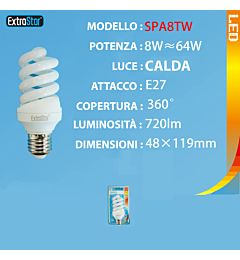 LAMPADINA LED SPIRALE OPACA E27 8W 720LM 3000K