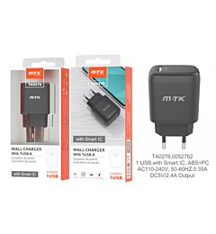 MTK CARICATORE USB A MURO CON USB 2.4A, NERO