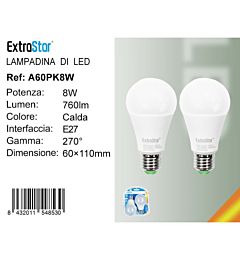 Lampadina LED E27 8W 760LM - Luce Calda 3000K - 2pzExtrastar