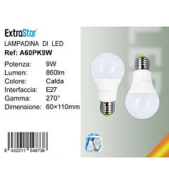 Lampadina LED E27 9W 860LM - Luce Calda 3000K - 2pzExtrastar