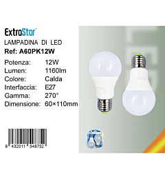 Lampadina LED E27 12W 1160LM - Luce Calda 3000K - 2pzExtrastar