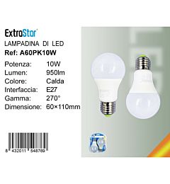 Lampadina LED E27 10W 950LM - Luce Calda 3000K - 2pzExtrastar