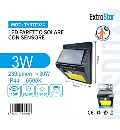 FARETTO SOLARE CON SENSORE 3W 230LM - 6500K
