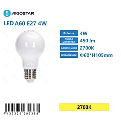 LAMPADINA LED BIANCO A60 E27 4W - LUCE CALDA 2700KAigostar