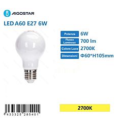 LAMPADINA LED BIANCO A60 E27 6W - LUCE CALDA 2700KAigostar
