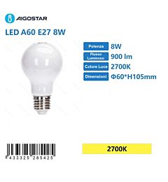 LAMPADINA LED BIANCO A60 E27 8W - LUCE CALDA 2700K