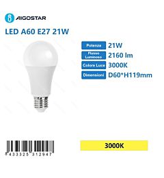 LAMPADINA LED A60 E27 21W - LUCE CALDA - 2160LM