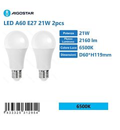 LAMPADINA LED A60 E27 21W - LUCE FREDDA 2160LM - 2PZ