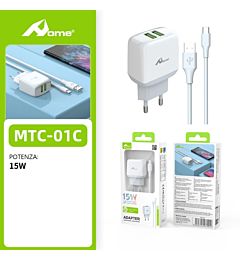 Set Caricatore 15W - 2 Porte USB + Cavo Type C