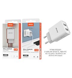 MTK CARICATORE USB A MURO CON 2 USB 2.4A, BIANCO