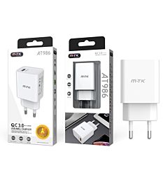 MTK CARICATORE RAPIDO USB A MURO QC 3.0, BIANCO