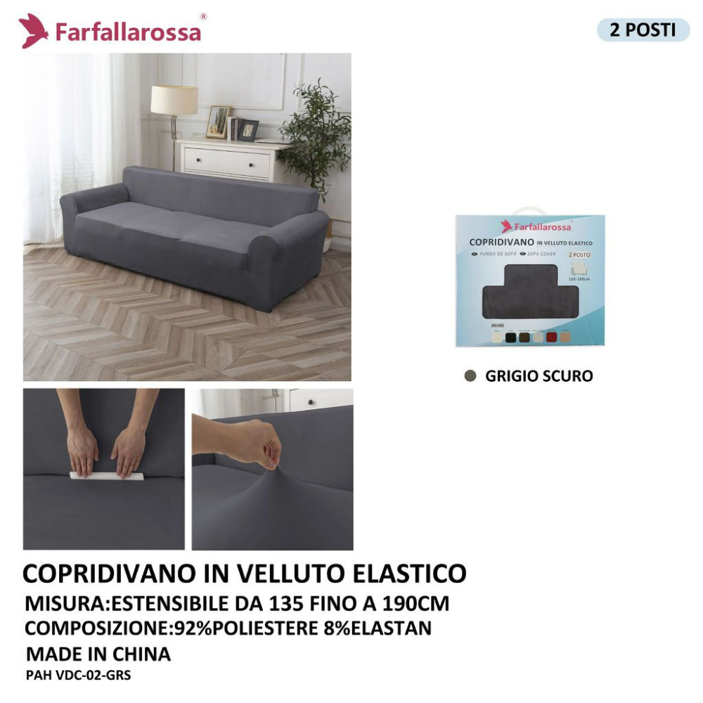 COPRIDIVANO IN VELLUTO ELASTICO 2PS GRIGIO SCUROFarfallaRossa